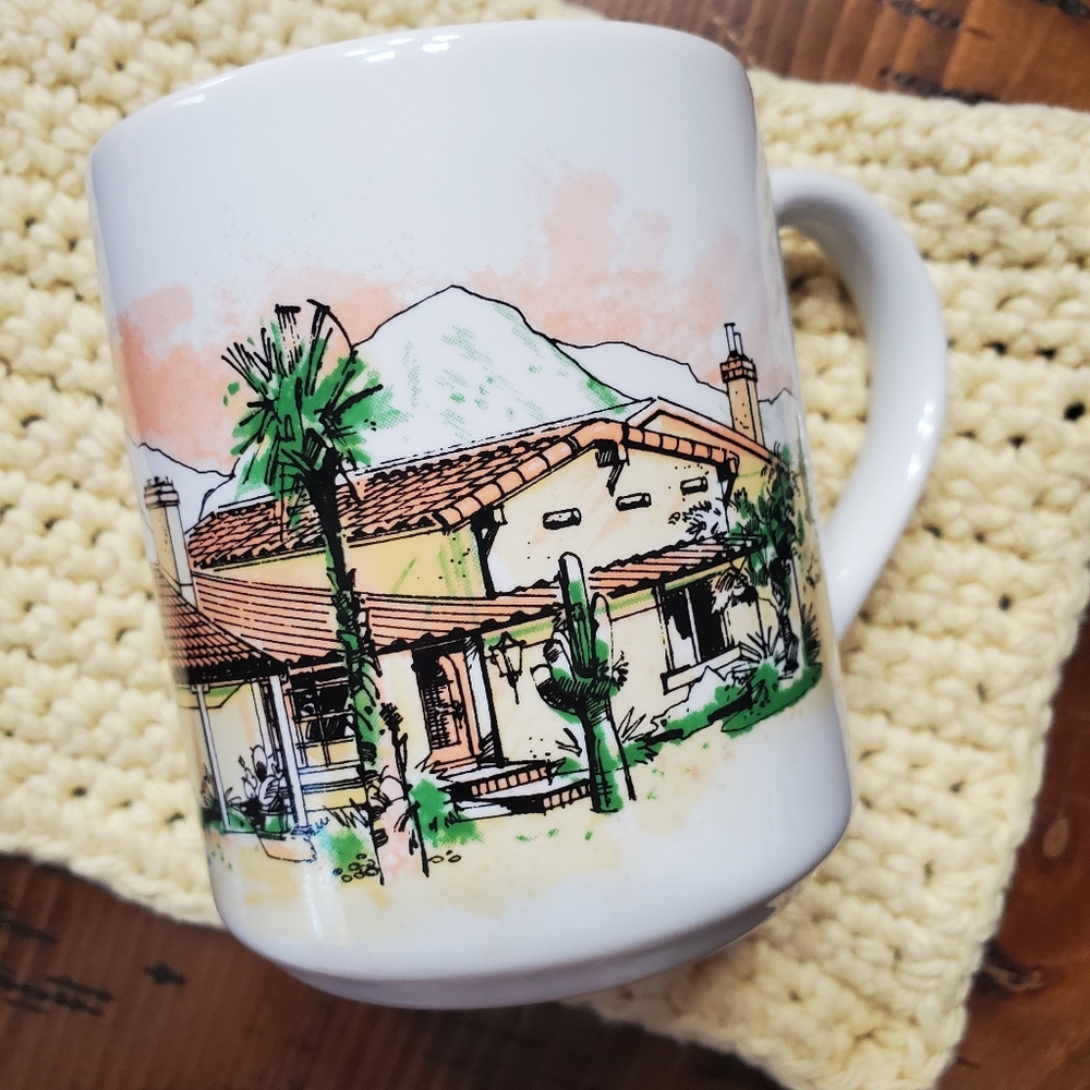 Vintage 1990 Thomas J Lipton tea coffee ceramic mug mountain cactus desert scene